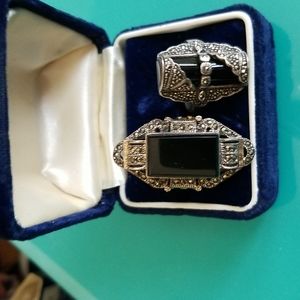 2 silver rings ONYX,MARCASITE, SILVER, size 7.5 and 8